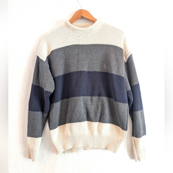 Nautica Sweaters - NAUTICA Women's Navy Gray & Cream Striped 100% Cotton Sweater Size Medium